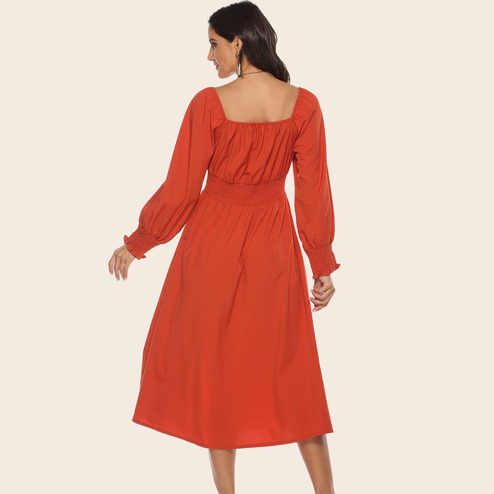Fashion square collar waist long-sleeved dress