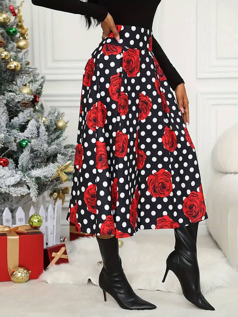 Mid-length skirt with high-waisted polka dot