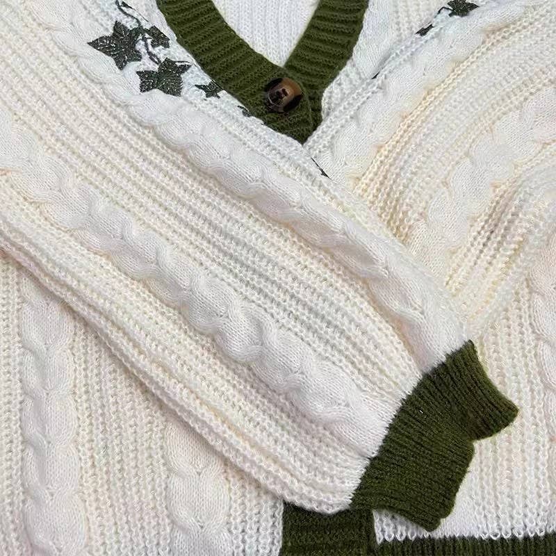 LEAF EMBROIDERY LANTERN SLEEVE LOOSE CARDIGAN