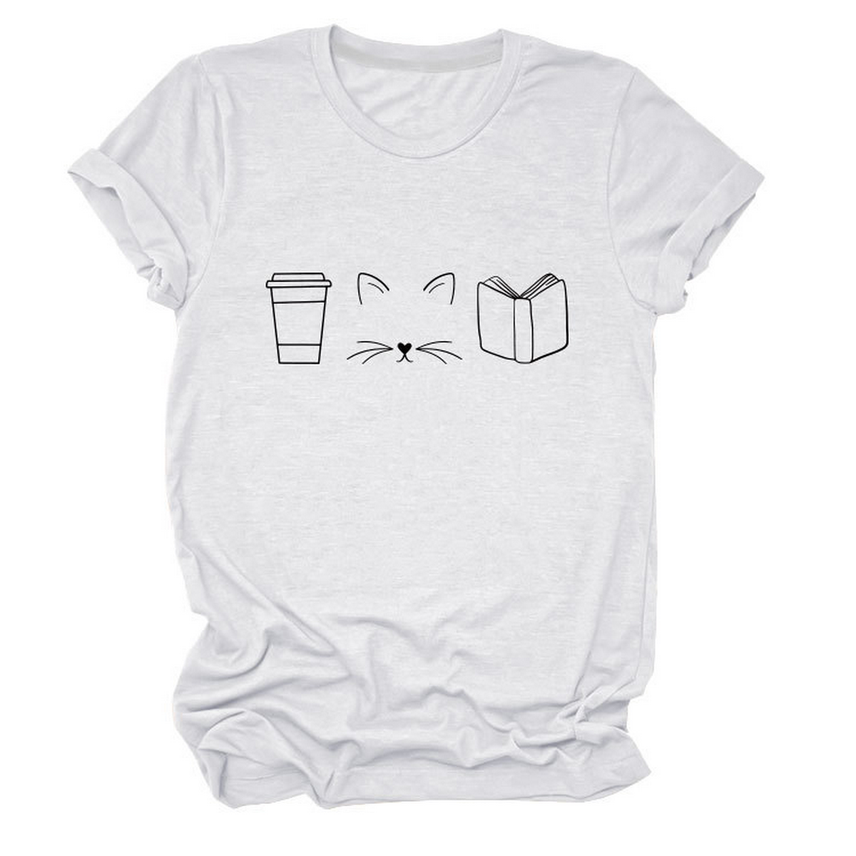Cute Cat Line Art Tee ? Coffee Cup Print Shirt