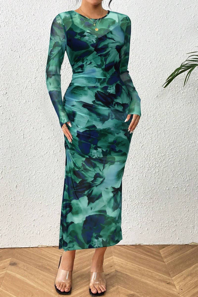 CWDMD5029_LONG SLEEVE FLORAL MESH SEXY TWO-PIECE DRESS