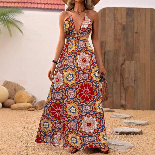 Sexy V-neck backless holiday halter print dress