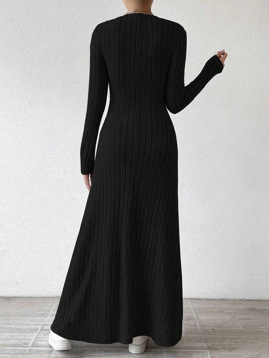 Knitted solid-color long-sleeved A-line dress