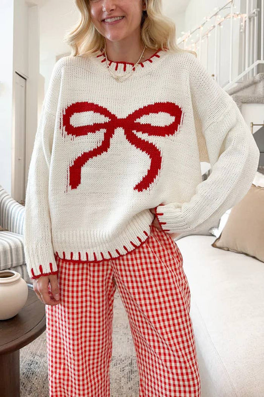 Laid-back style knitted bow jacquard sweater