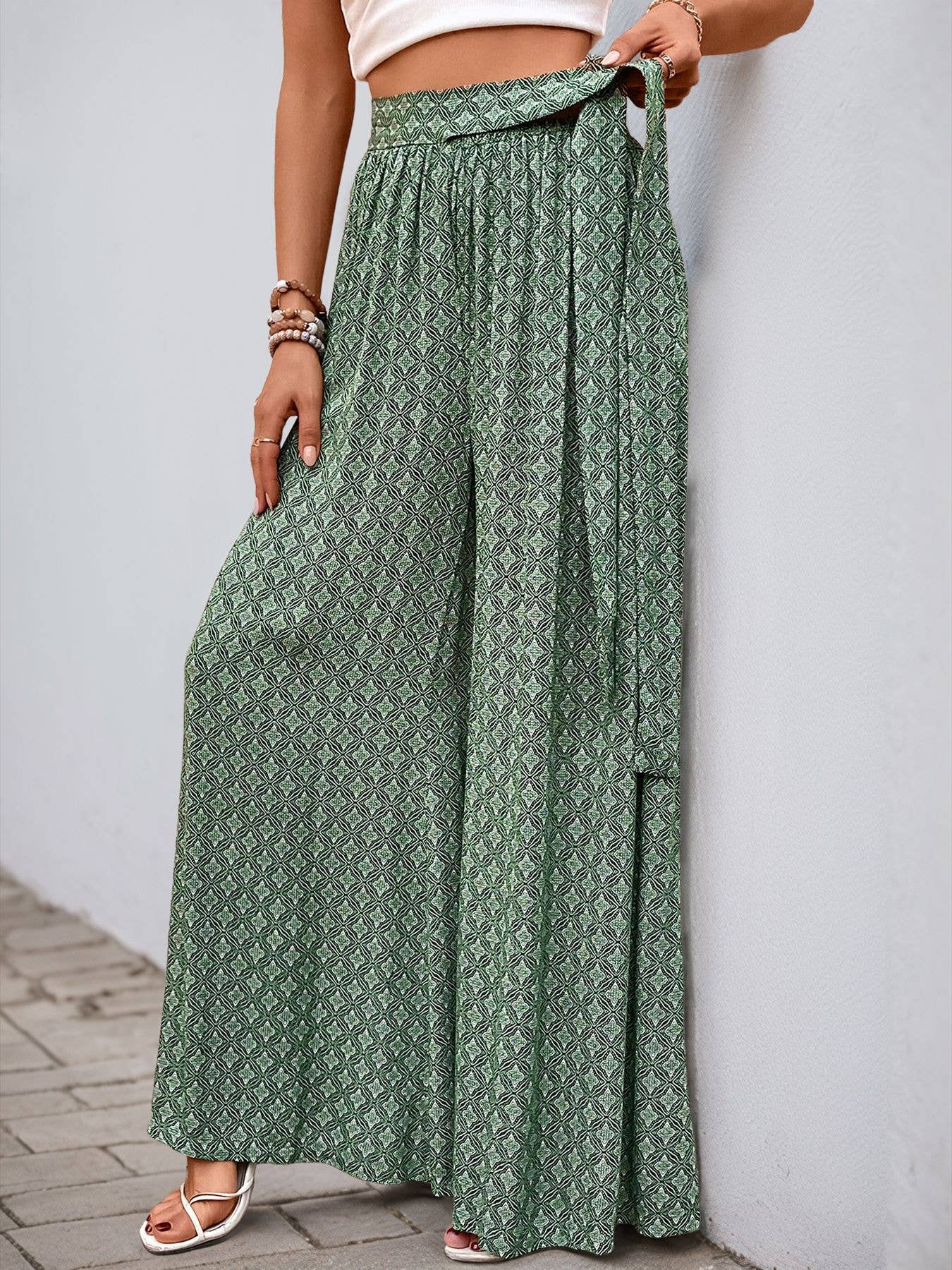 Lace-up high-waisted casual wide-leg trousers