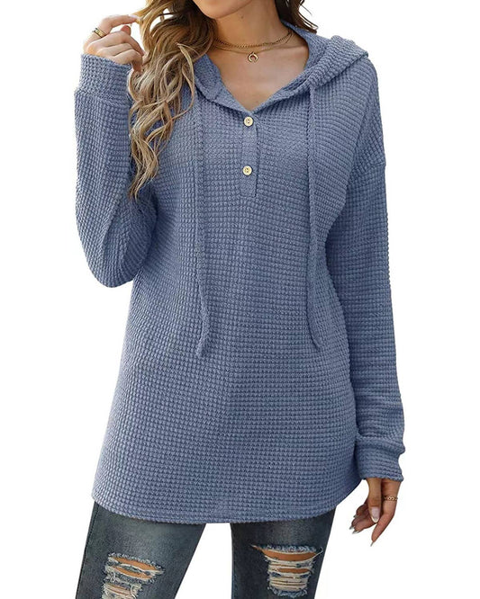 WAFFLE SOLID COLOR BAGGY HOODED BUTTON KNIT