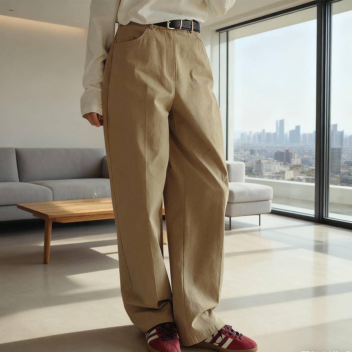 Elegant pure cotton straight-leg pants
