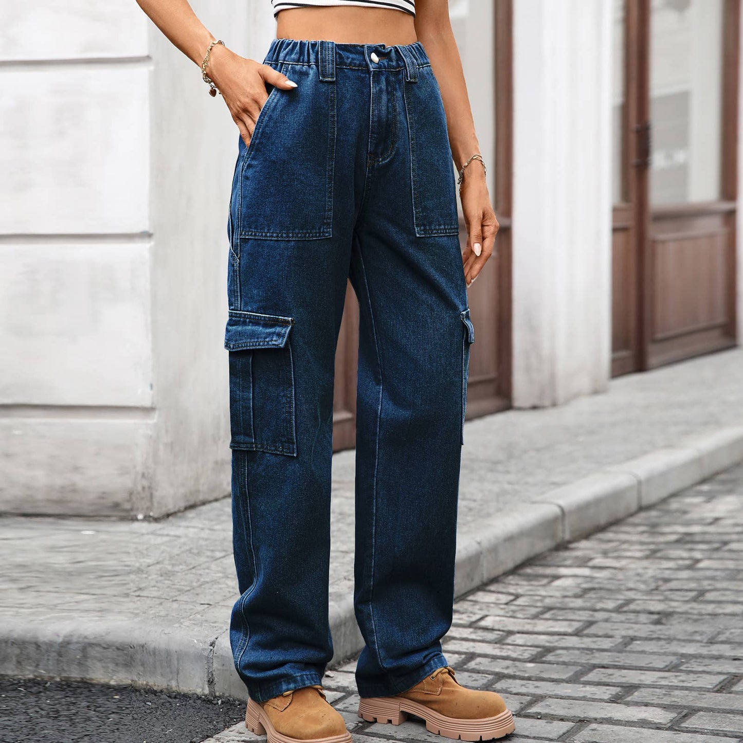 Multi-pocket wide-leg denim workwear jeans