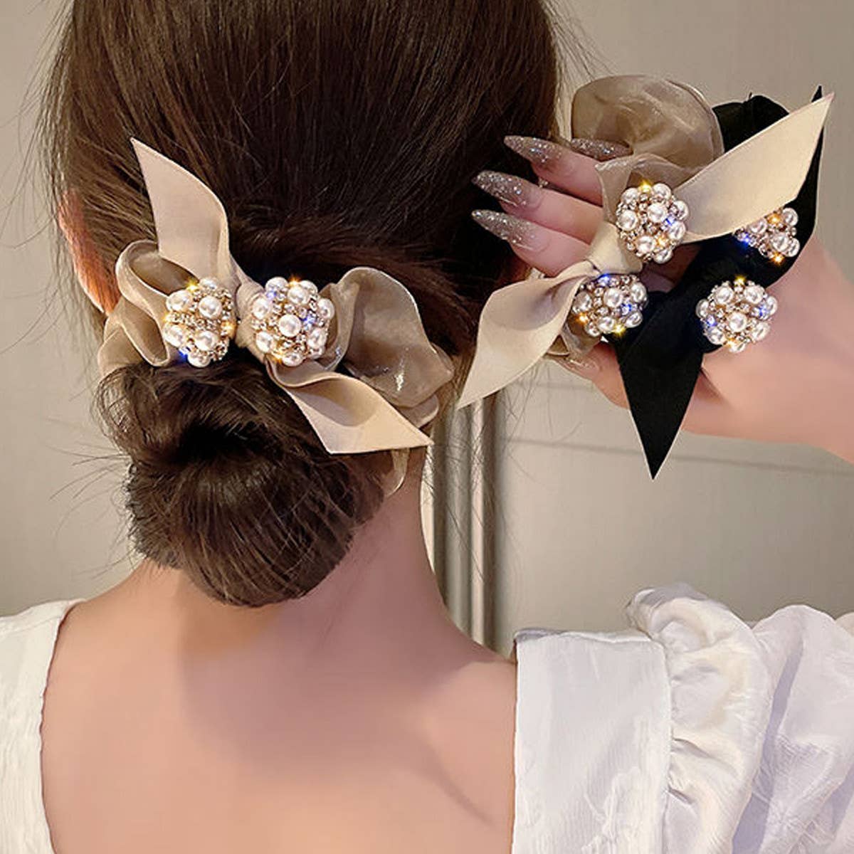 FASHION RHINESTONE PEARL BOW HAIR TIES_CWAHA0505