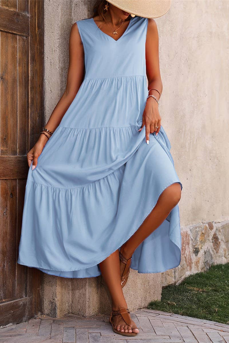 CWDMD4880_SOLID V NECK TIERED HEM SLEEVELESS DRESS