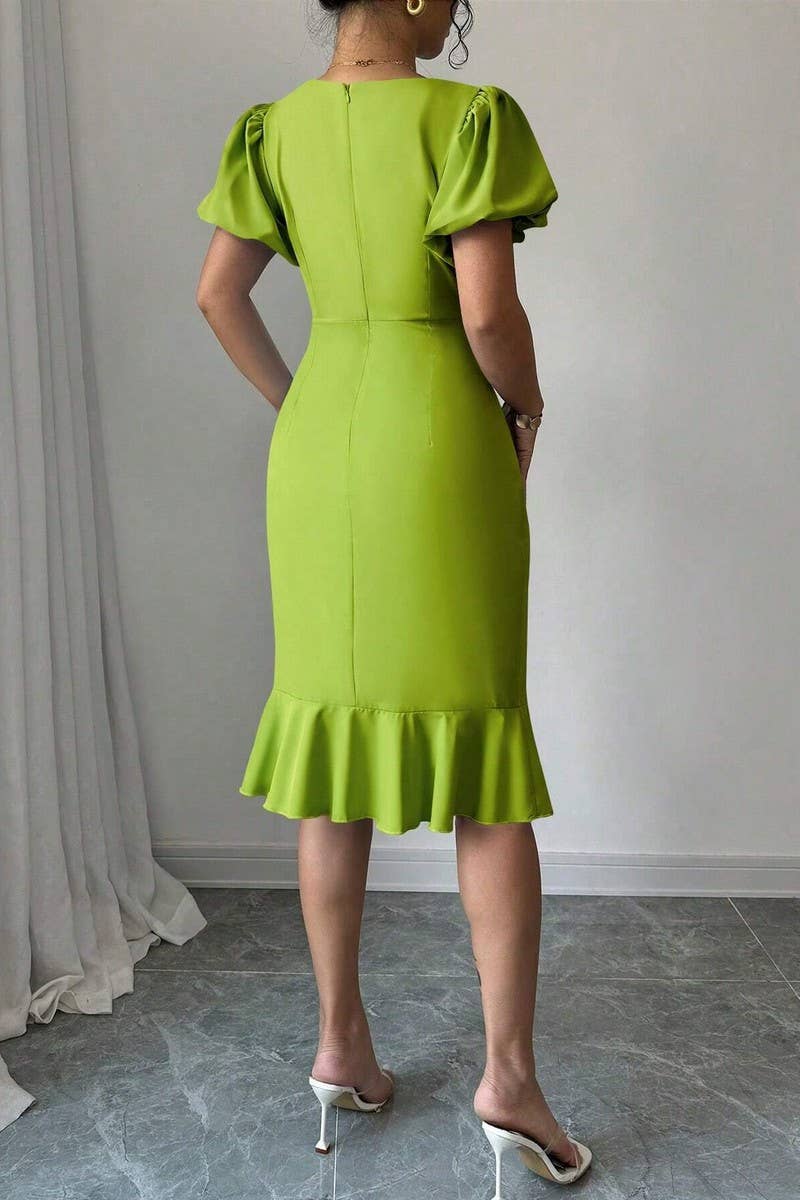 CWDSD7396_ROUND NECK LANTERN SLEEVE RUFFLED FISHTAIL DRESS