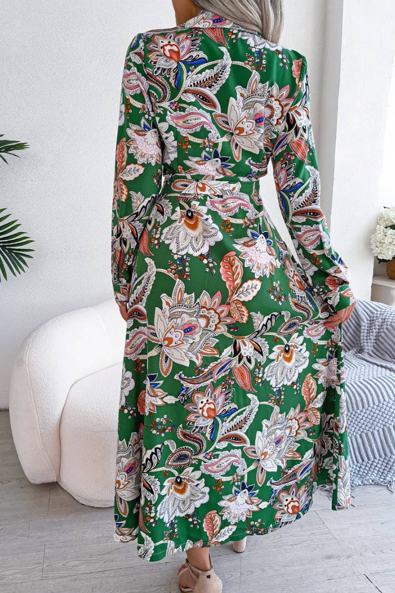 CWDMD2651_VINTAGE FLORAL LAPEL LACE-UP SHIRT LONG DRESS
