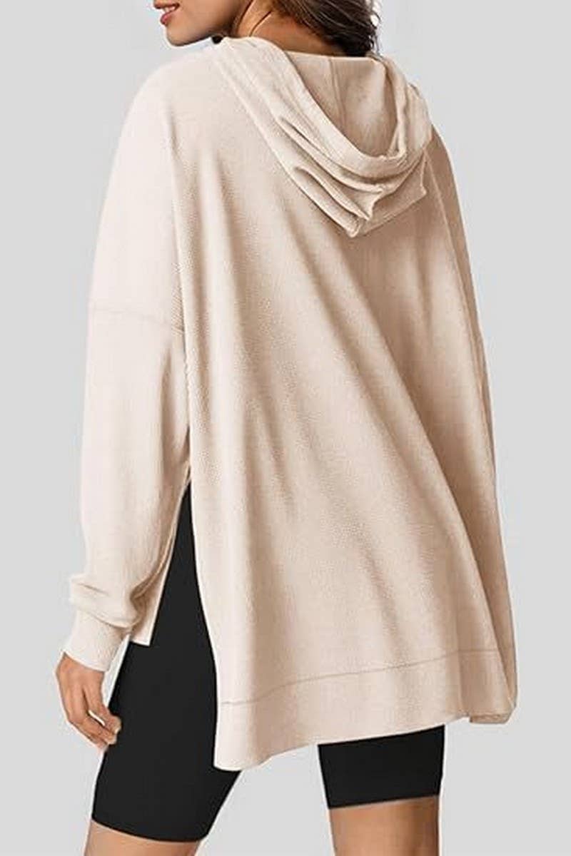 CWOHOL00633_RELAXED WAFFLE KNIT SIDE SLIT HOODED PULLOVER