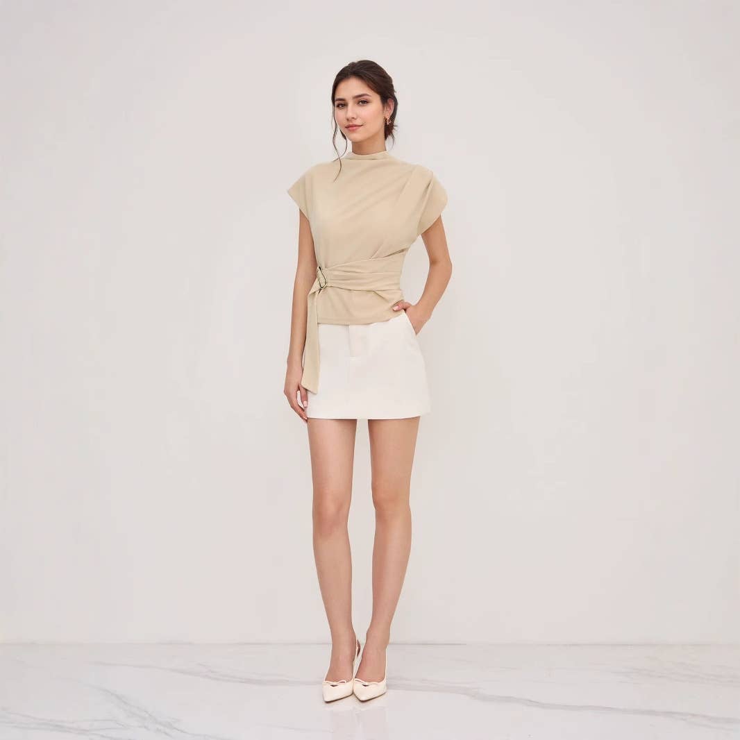 Semi-high neck short-sleeved cinched waist top