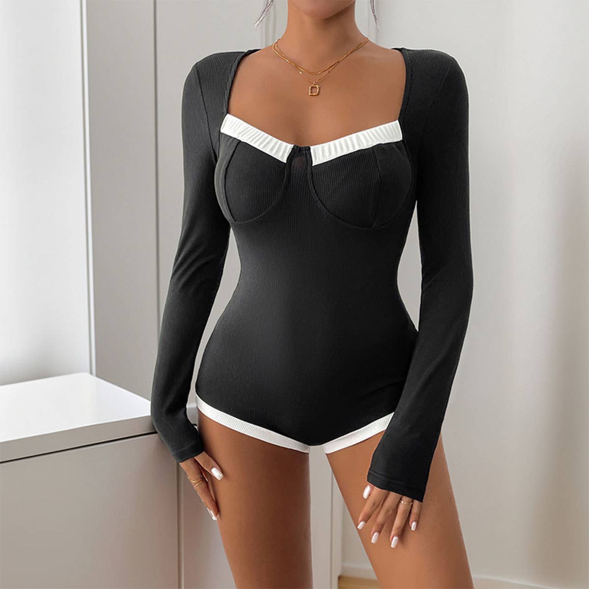 SQUARE COLLAR KNIT HIGH ELASTIC JUMPSUIT