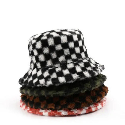 WINTER PLUSH PLAID BUCKET HAT OUTDOOR WARM_CWAH2172
