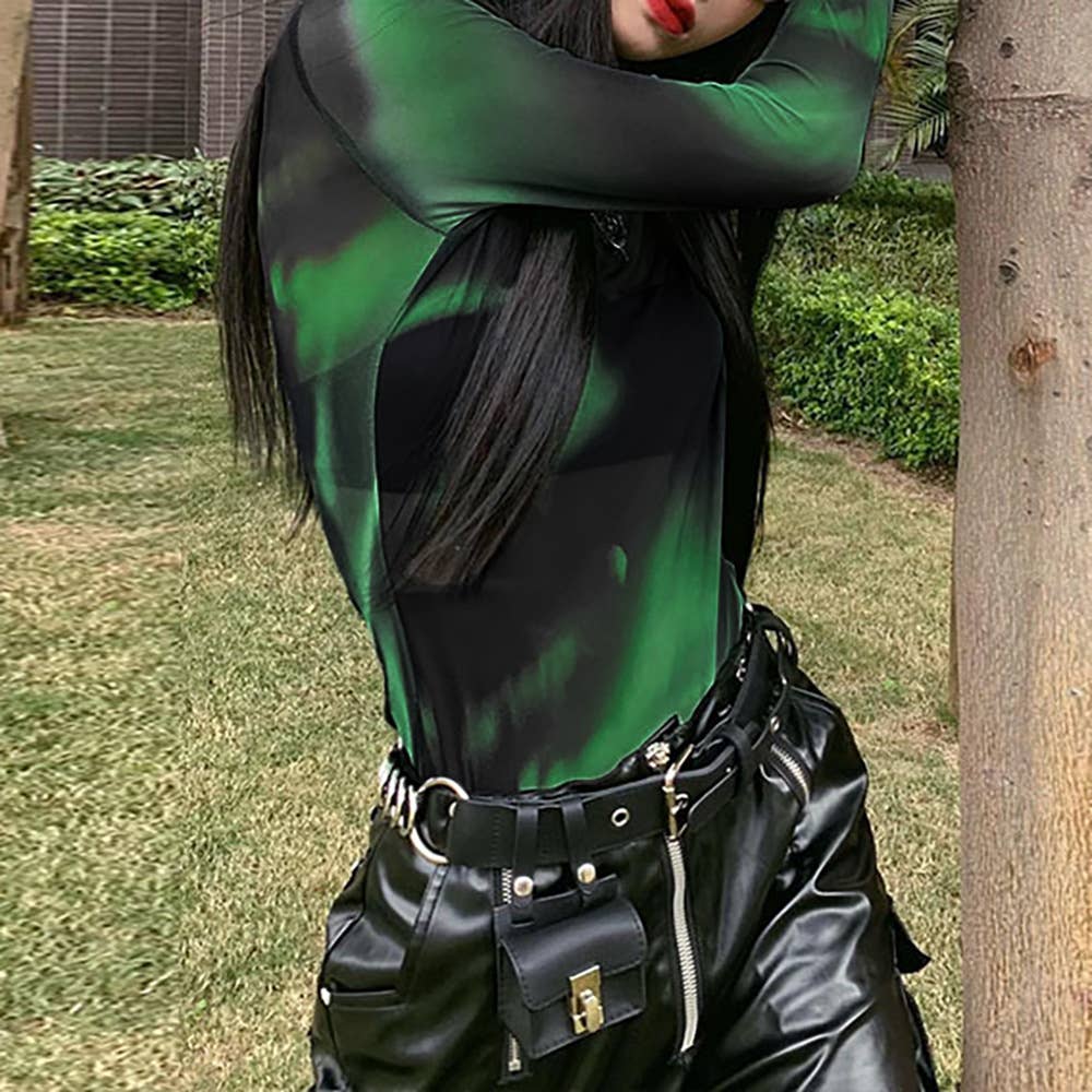 Gradient Tie-Dye Mesh Print Long-Sleeved T-Shirt