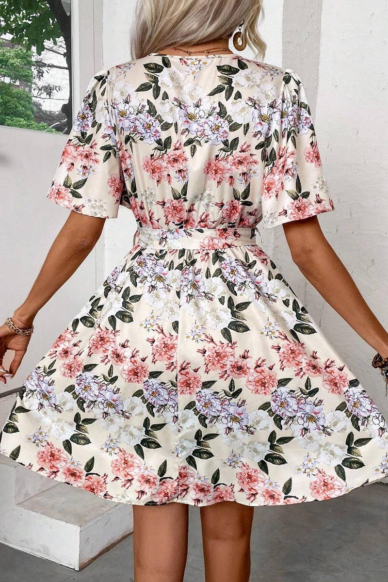CWDSD6949_FLORAL PRINT V-NECK RUFFLE SLEEVES BELT DRESS
