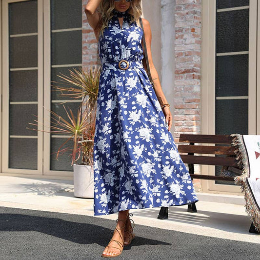 SLEEVELESS CUTOUT HOLIDAY PRINT HALTER DRESS