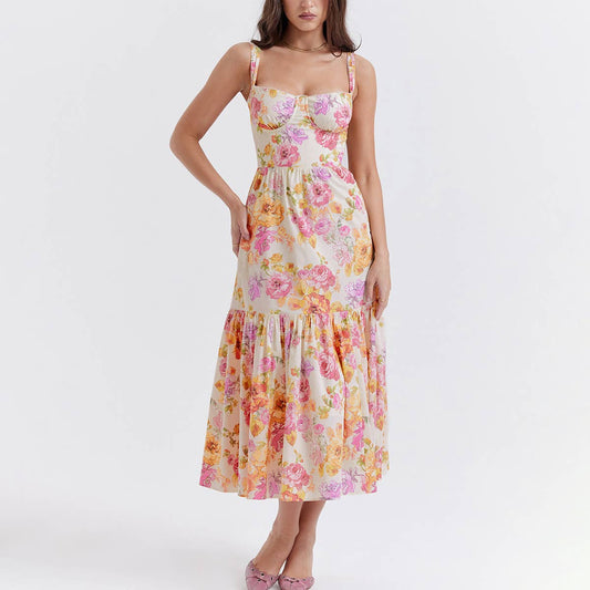 One-shoulder pleated lace floral camisole dress
