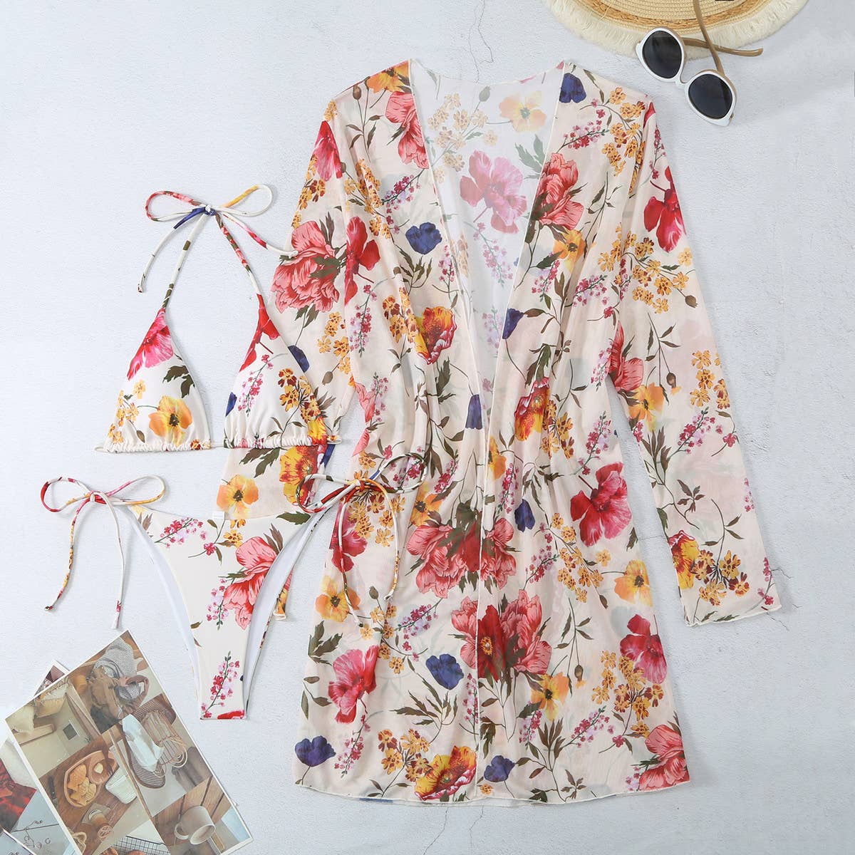 Floral Print Cover-Up Bikini 3Pcs/Set Swimsuit