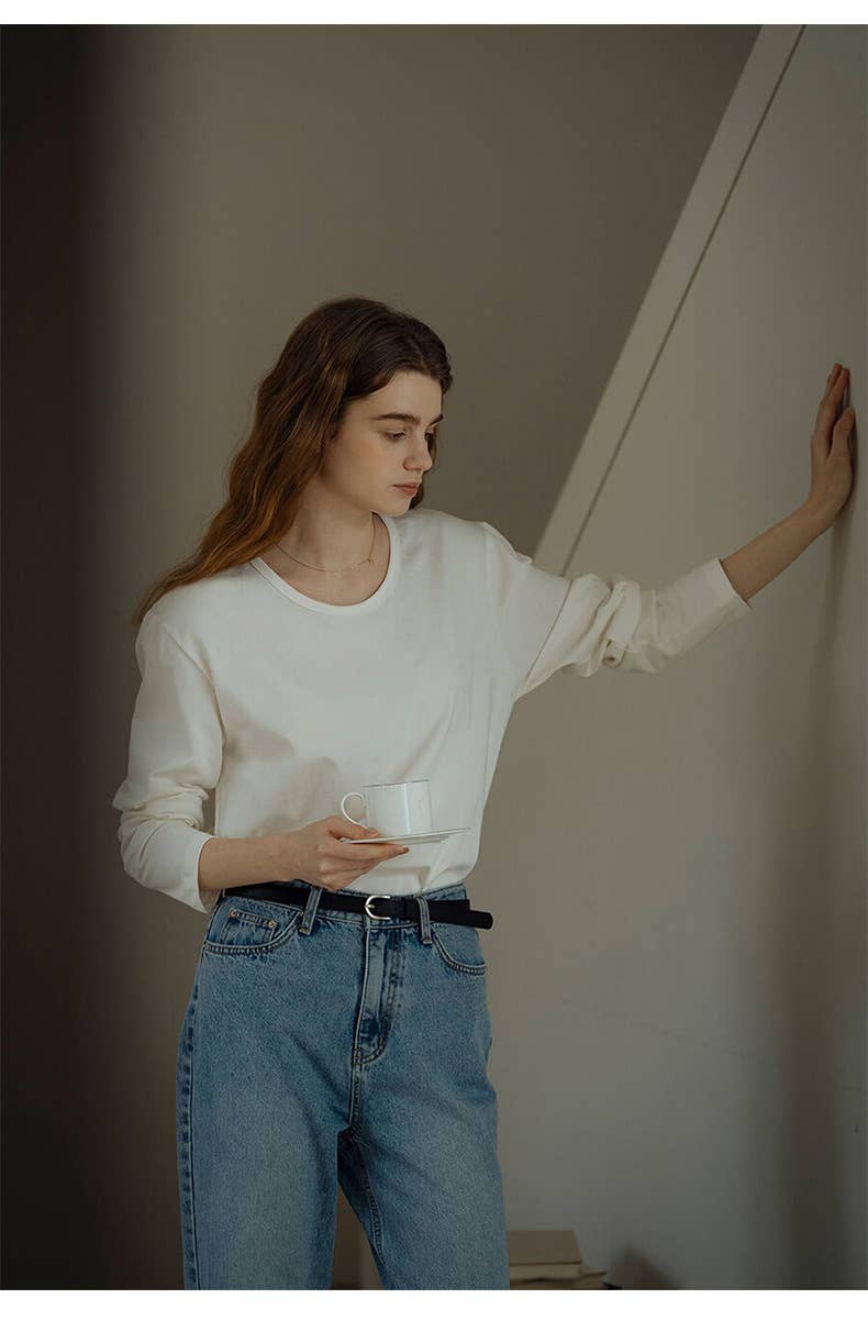 FASHIONABLE COTTON CREW-NECK LONG-SLEEVED TOP