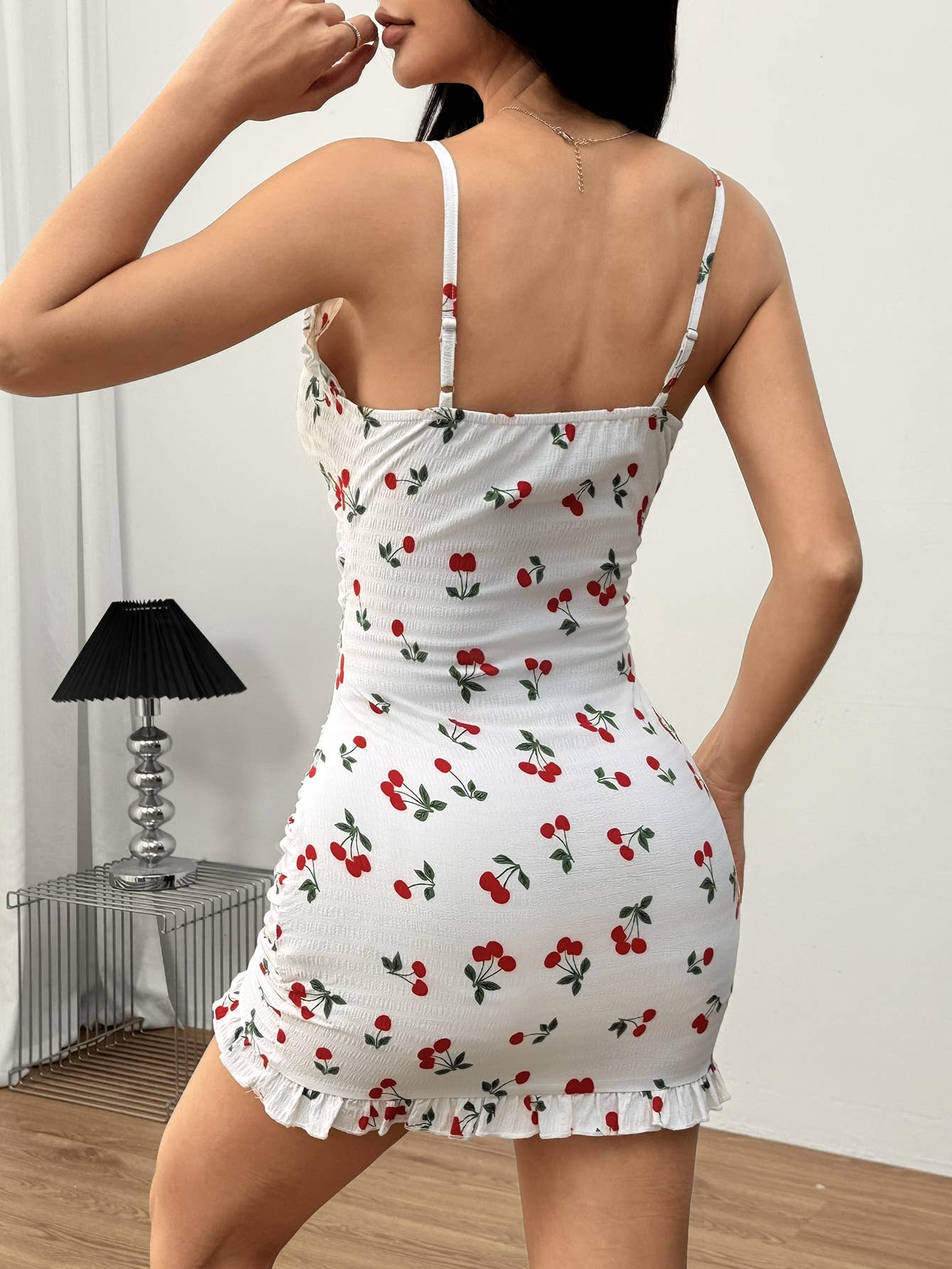 Sexy sweet cherry print wrap hip halter dress