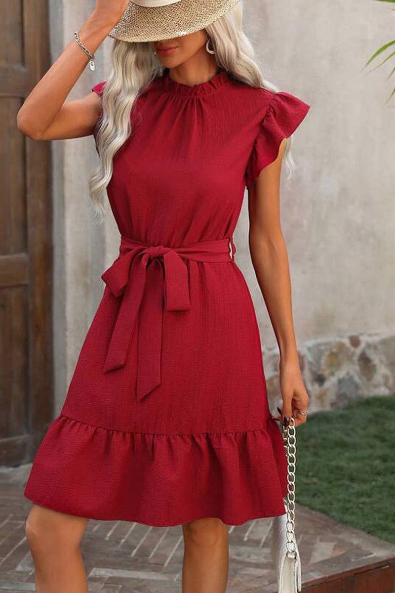 CWDSD8307_SUMMER SOLID COLOR RUFFLED TEMPERAMENT DRESS