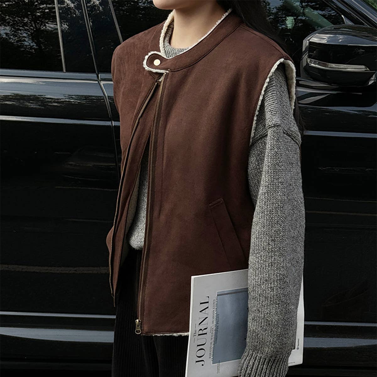 Suede lamb wool patchwork vest