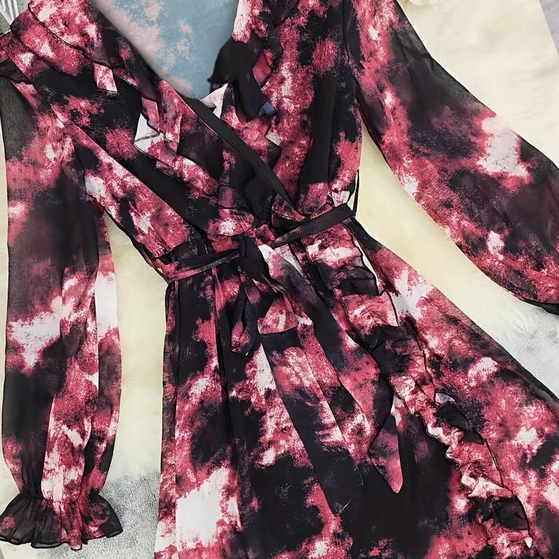 Printed Bohemian-style long-sleeved short dress