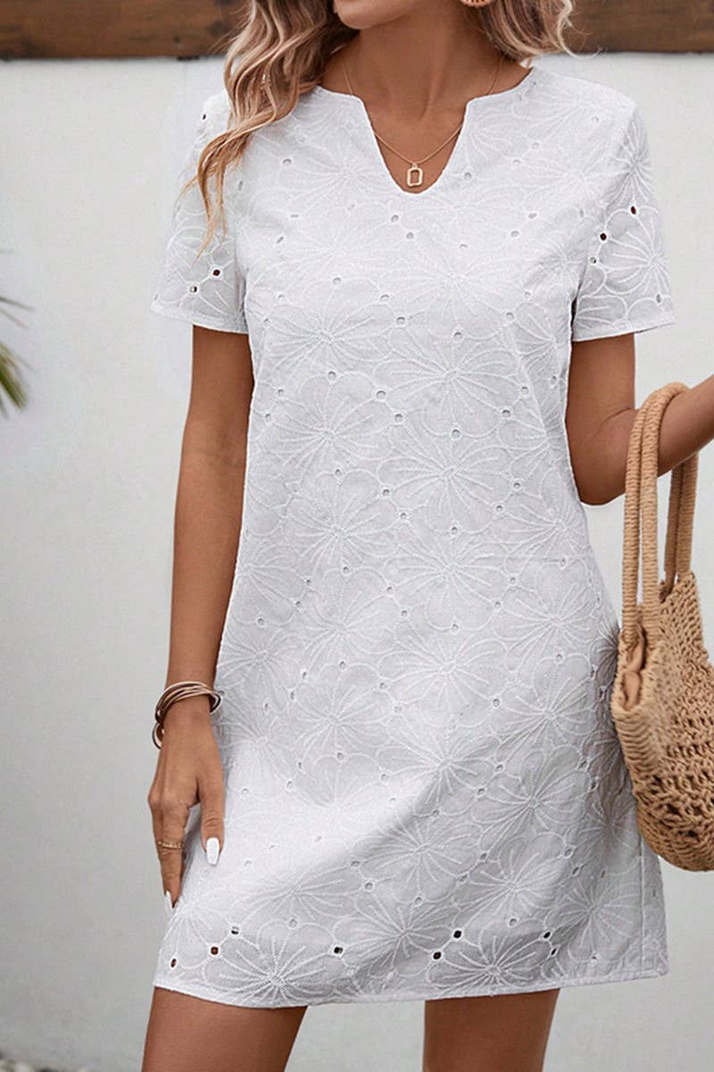 CWDSD8222_SUMMER V-NECK HIGH WAIST SOLID COLOR HOLLOW DRESS