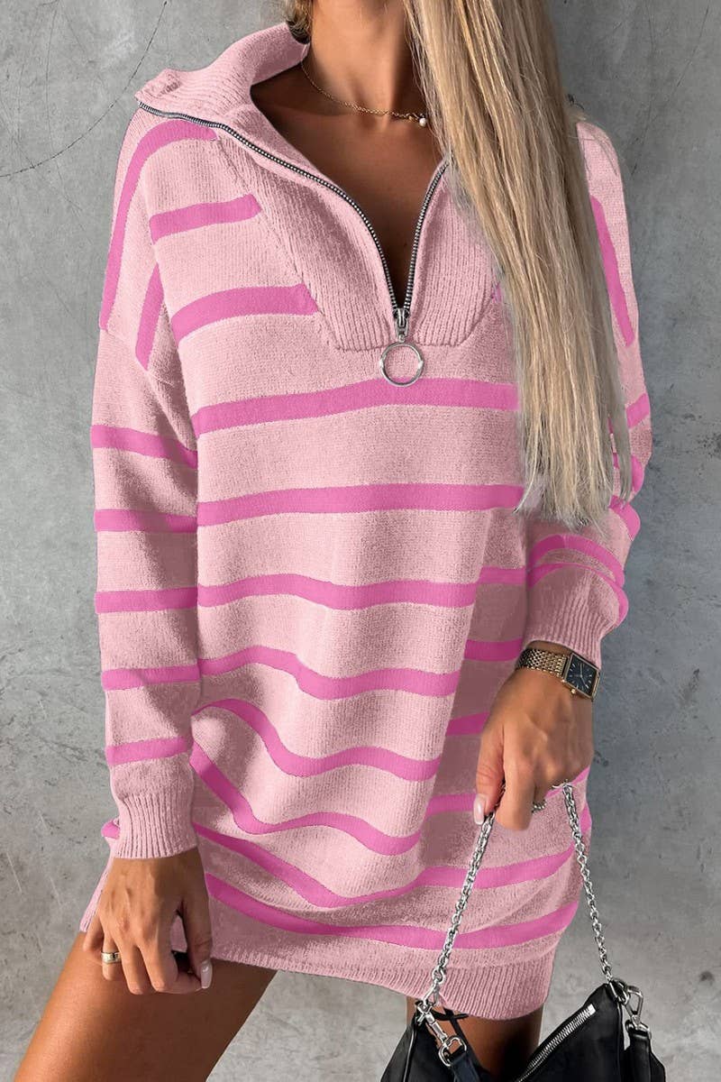 CWDSD7301_NEW V-NECK STRIPED LOOSE CASUAL KNITTED DRESS