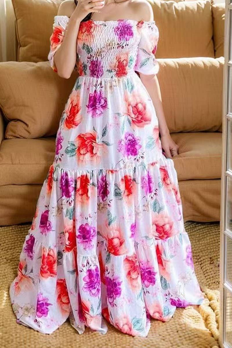 CWDMD5399_OFF SHOULDER RUFFLE FLORAL PRINT MAXI DRESS