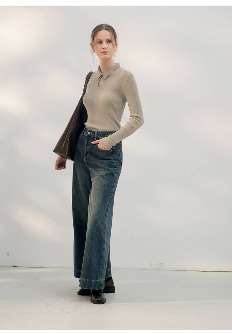 Retro high-waisted simple loose wide-leg jeans