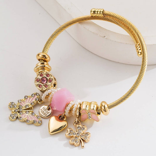 Adjustable Steel Bracelet with Butterfly & Clover_CWMM8600