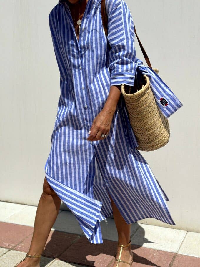 FIVE-QUARTER SLEEVE STRIPED SHIRT DRESS