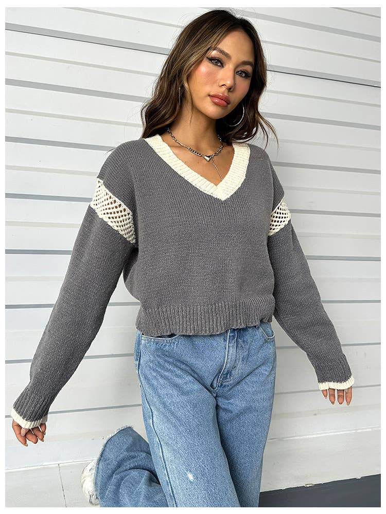 V-NECK LOOSE HOODIE LONG SLEEVE SWEATER