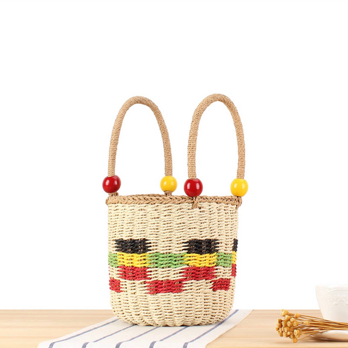 TWO-TONE BEADED PLAID STRAW BUCKET BAG_CWAB2110