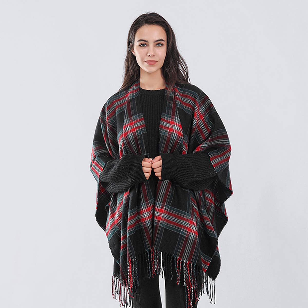 Plaid Faux Cashmere Cape Scarf with Tassels_CWASC0336
