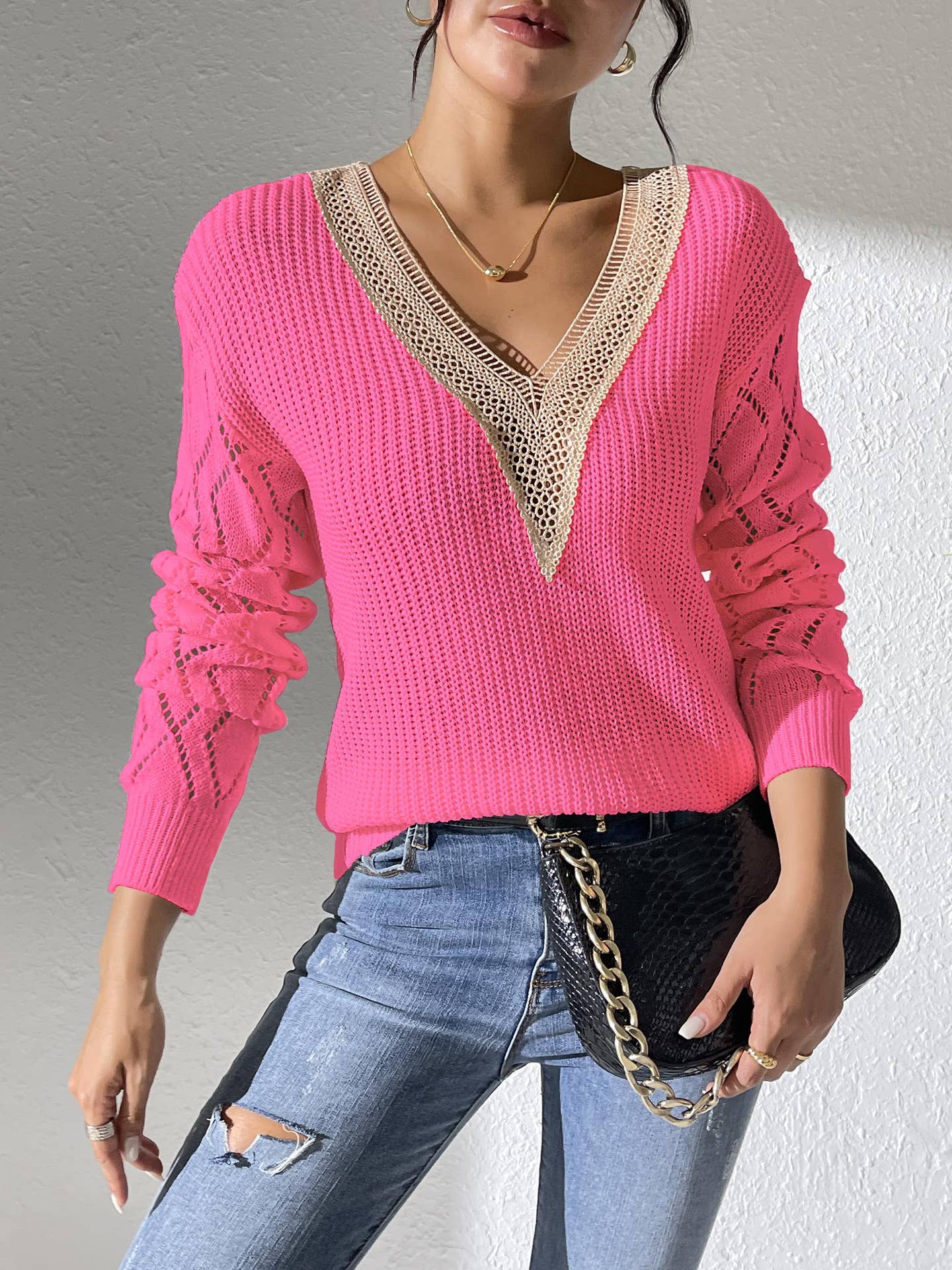 LACE V-NECK PATCHWORK COLOR PULLOVER SWEATER