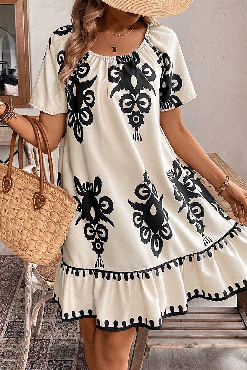 Loose straight leg vintage geometric print dress