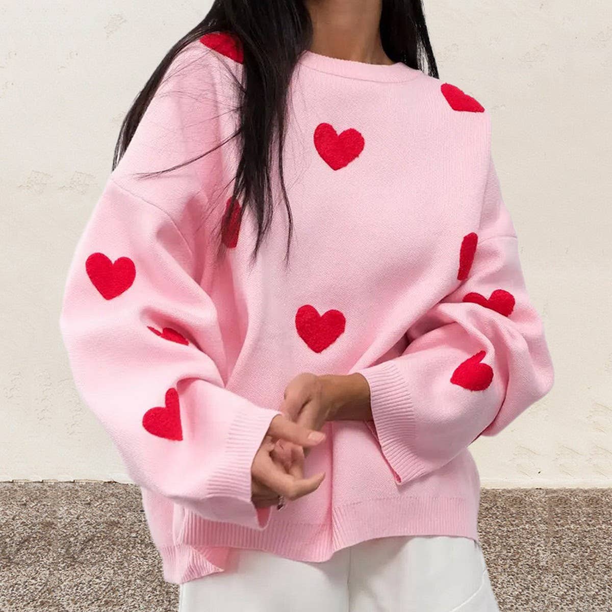 Embroidered Heart Knit Sweater for Women