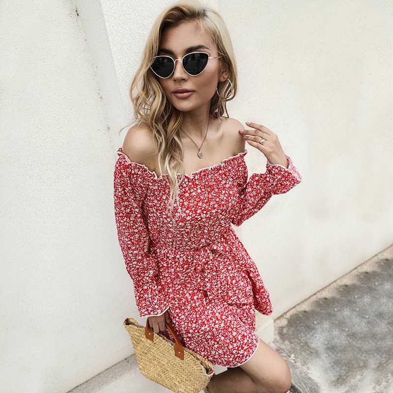 One-shoulder flared lace-up floral dress