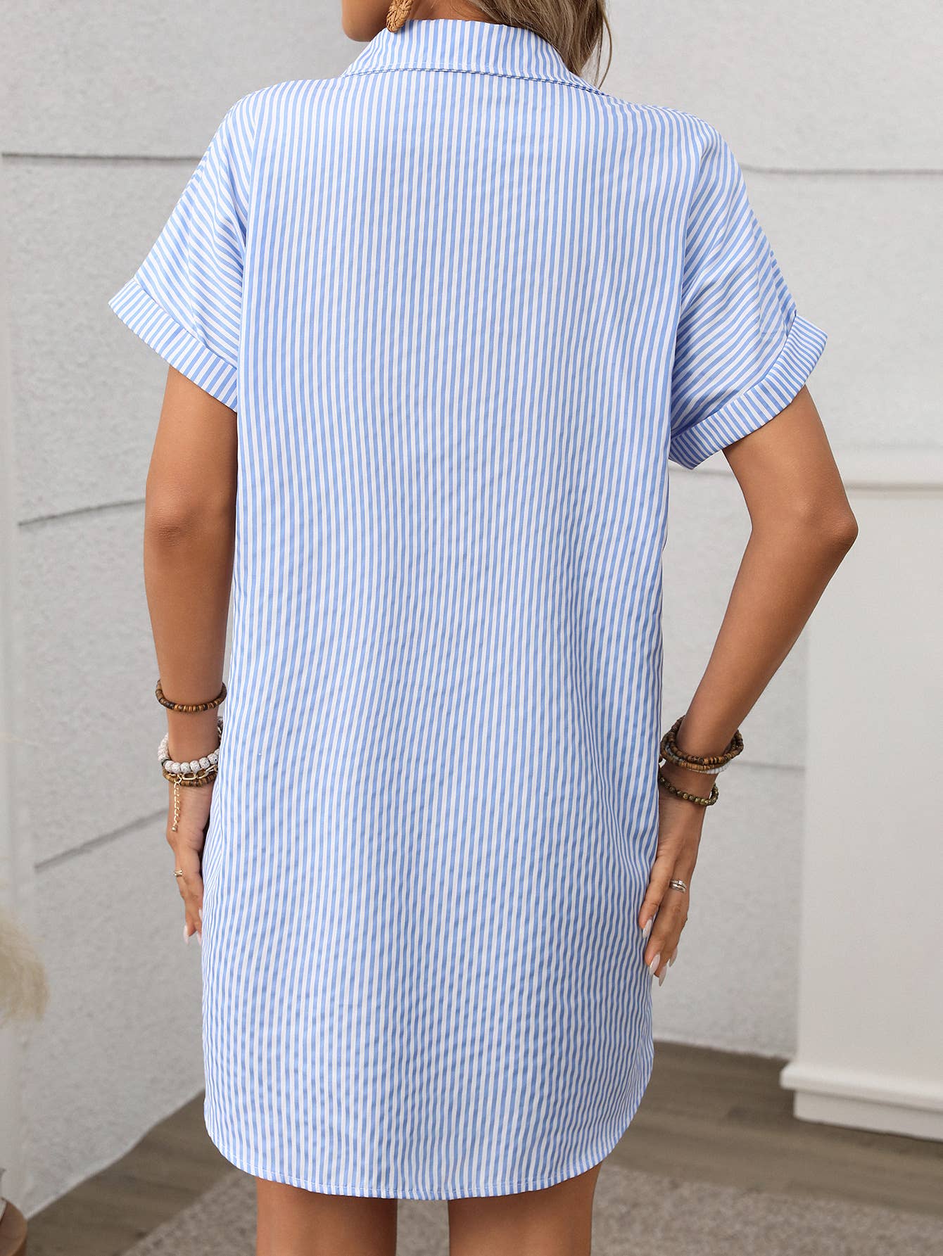 Short-sleeved striped cotton linen dress