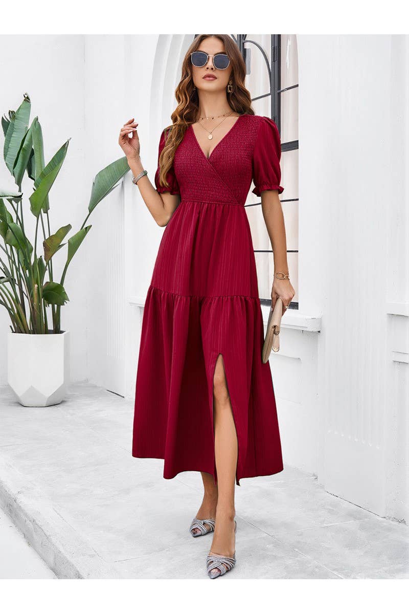 CWDMD2403_V-Neck Smocking Short Sleeve Split Midi Dress