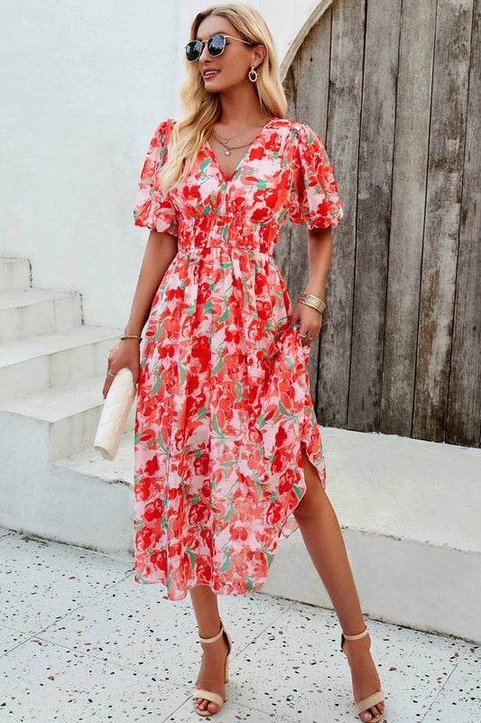 CWDMD0995_Deep V-Neck Short Sleeve Floral Print Midi Dresses
