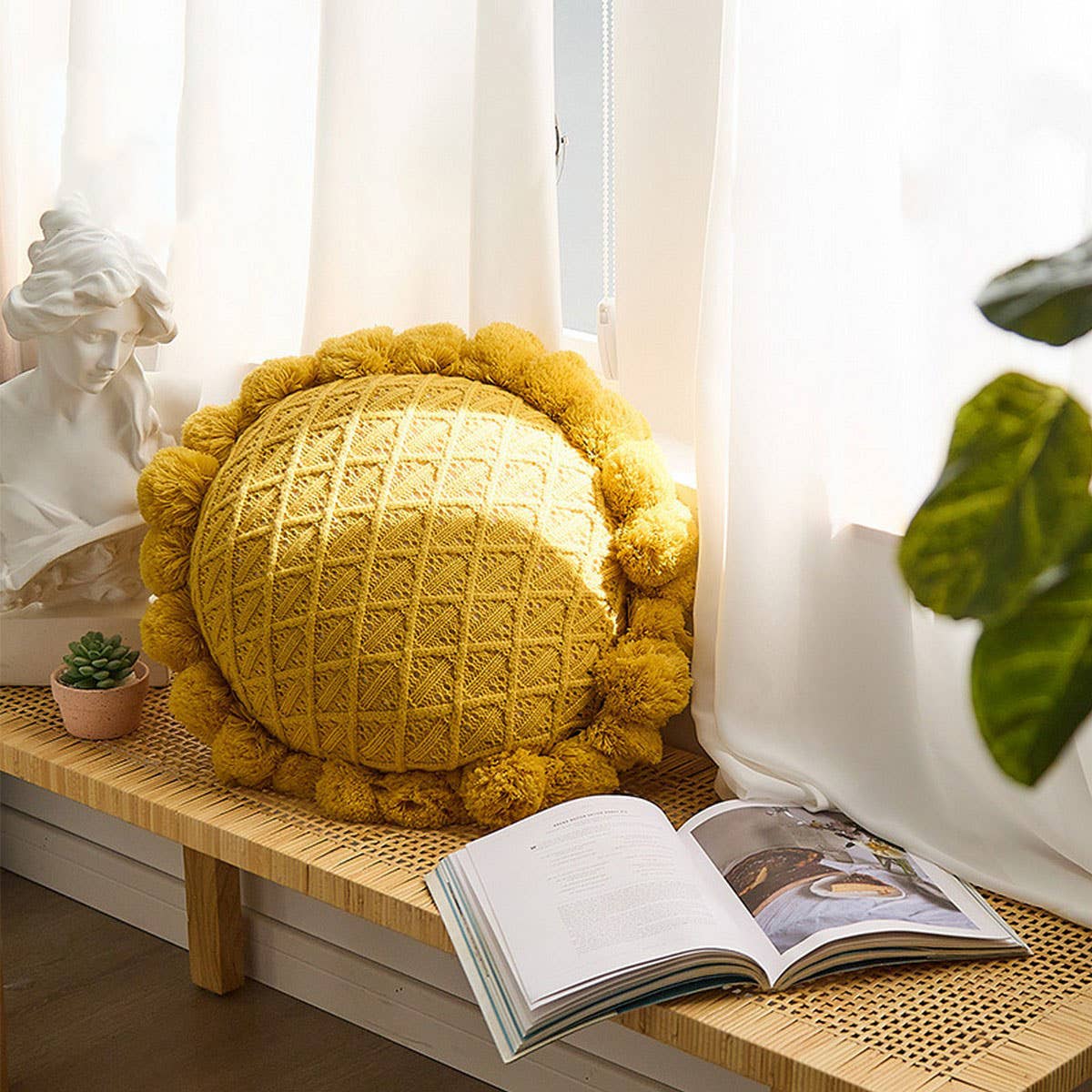 SOLID COLOR ROUND WOOL BALL KNITTED THROW PILLOW_CWMM2365