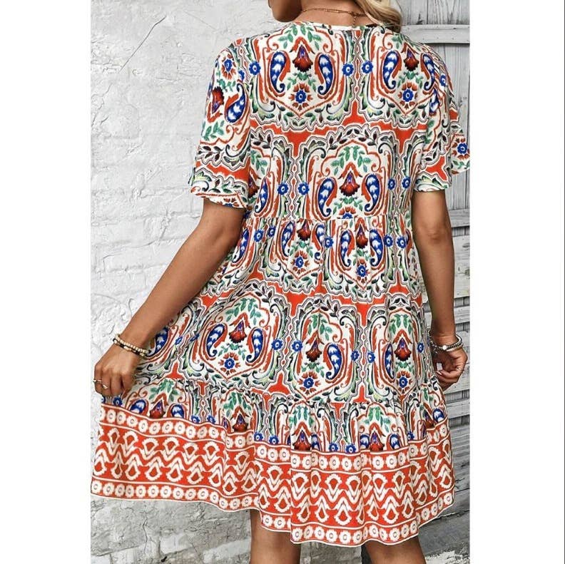 Ethnic style prints loose V-neck short dress