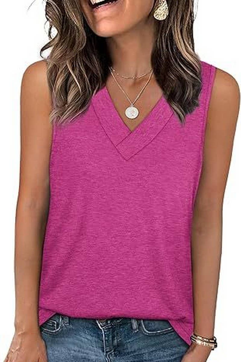 Cwtblsl0908_Solid V-Neck Sleeveless Casual Tank Top