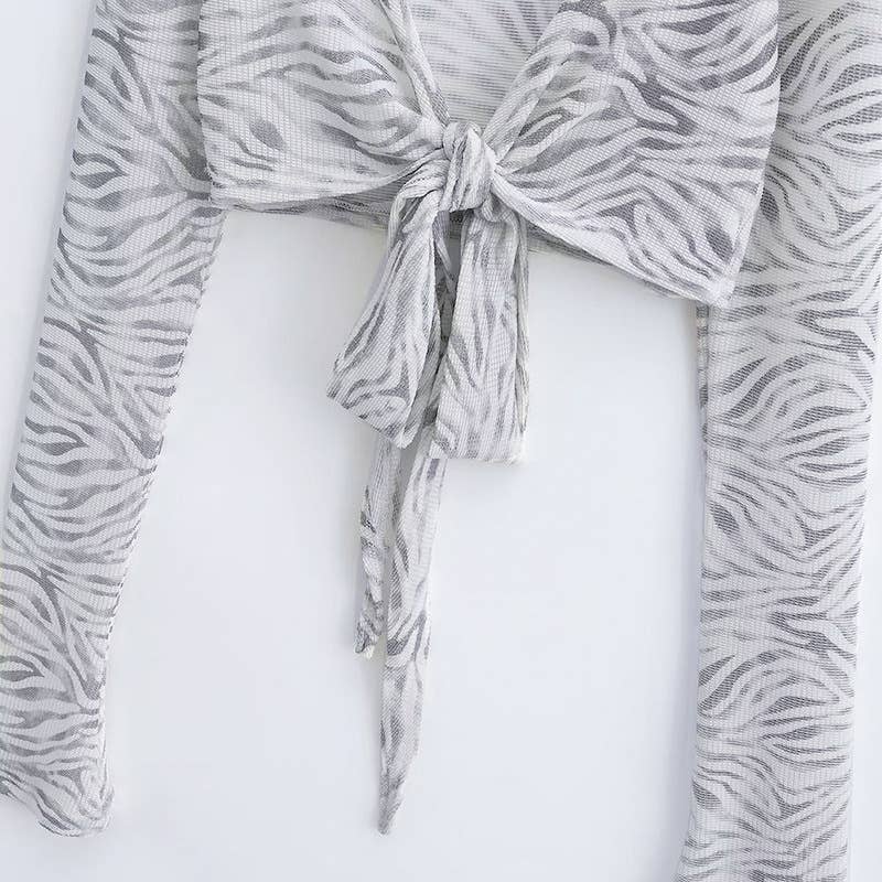 Sexy Zebra Print V-Neck Tie Front Open Cardigan